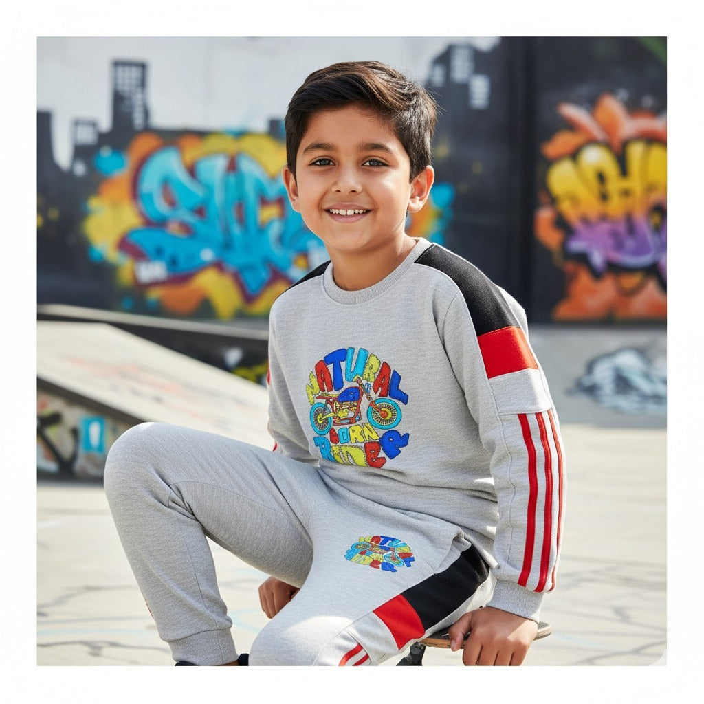 Basix Boys Fleece Heather Grey Born Rider Tracksuit For Boys BYS-253