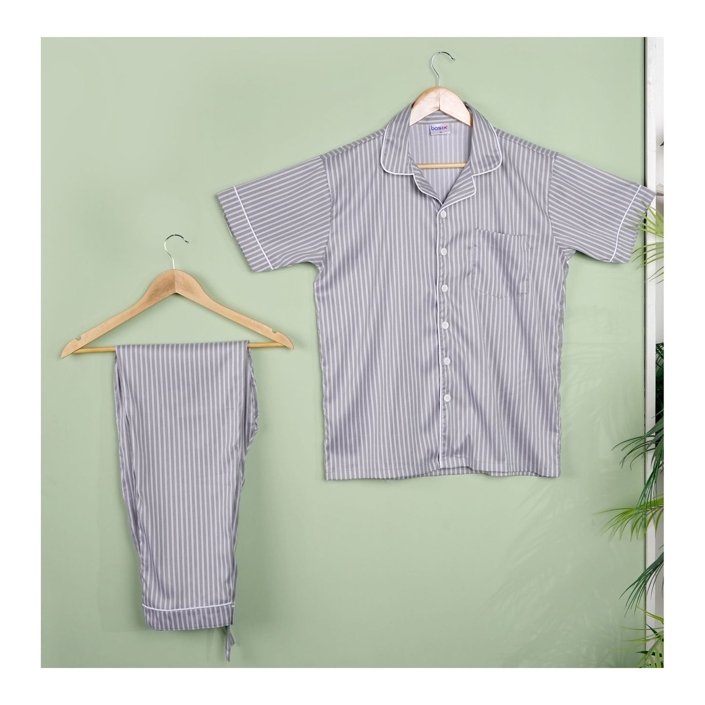 Basix Men's Striped Loungewear Set Grey & White MT-827