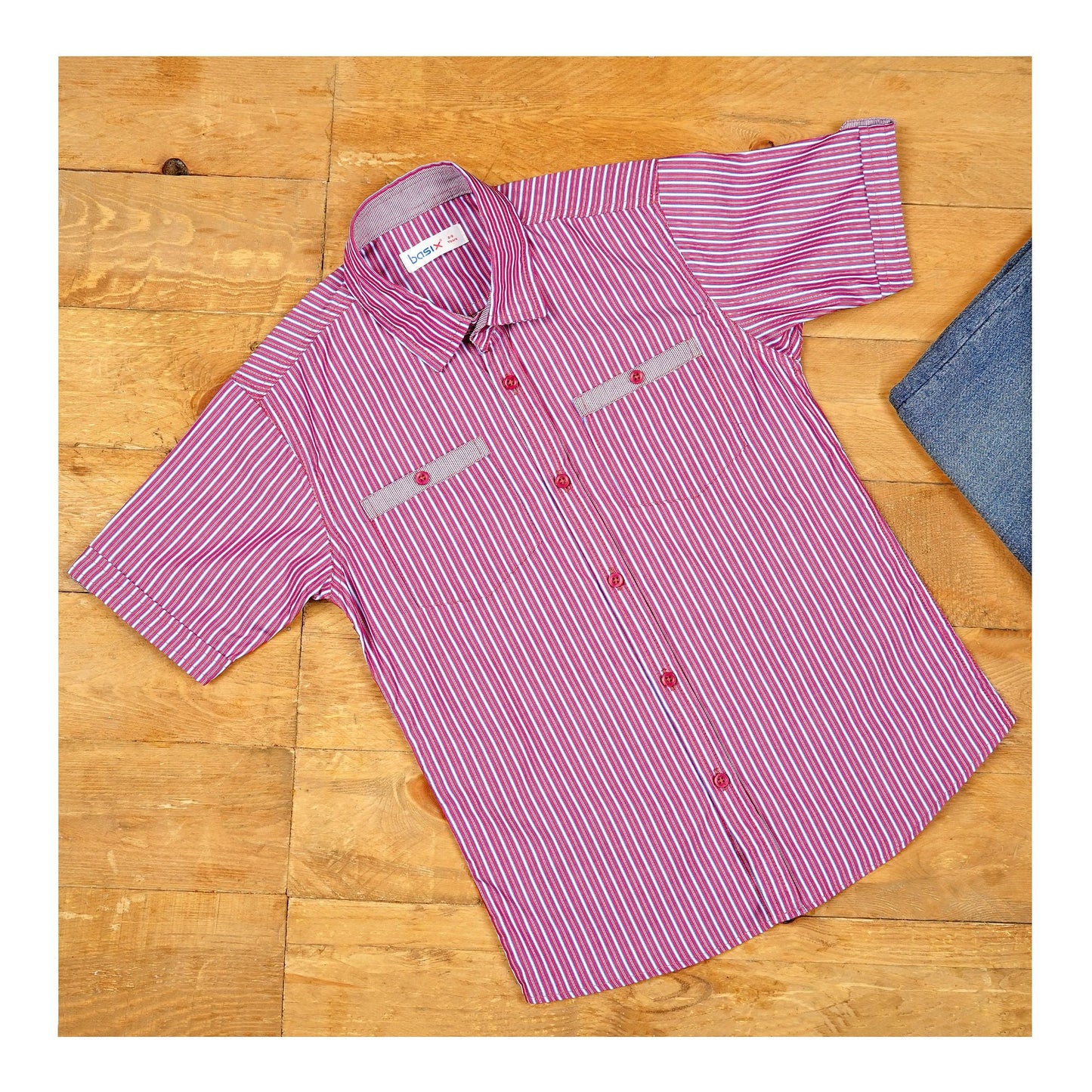 Basix Kids Maroon & Sky Blue Stripes Twin Pocket Short Sleeves Casual Shirt For Boys BYS-257