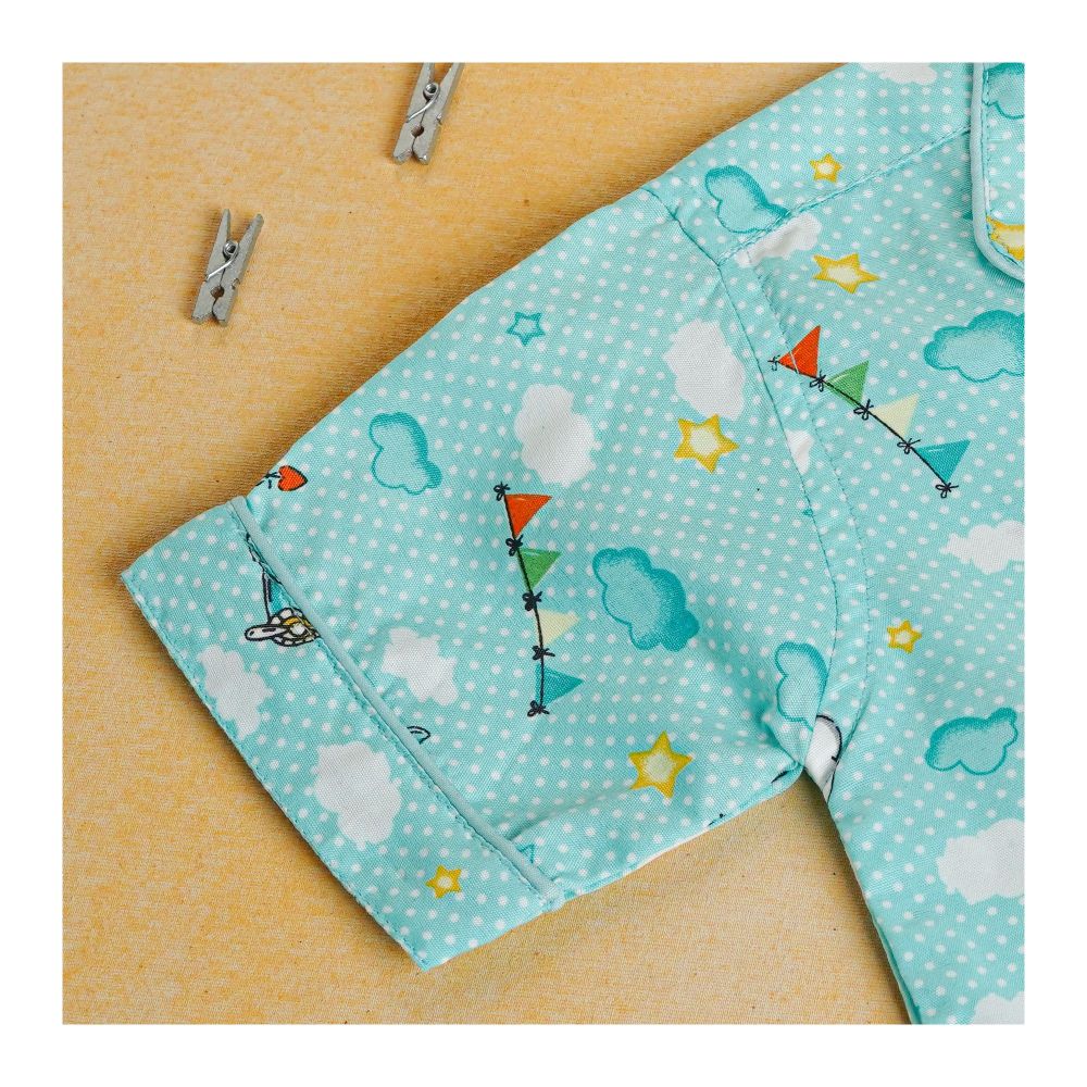 Basix Kids Short Sleeves Nightwear 2 Piece Set, Sea Green Mini Polka Dots & Clouds, GRL-186