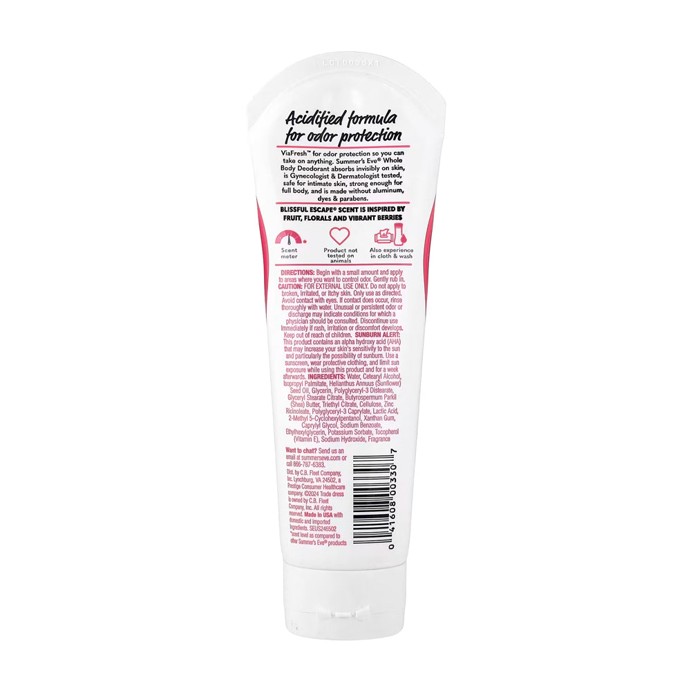 Summer's Eve Blissful Escape Ultimate Odor Protection Whole Body Deodorant Vitamin E Shea Butter For Sensitive Skin 89ml
