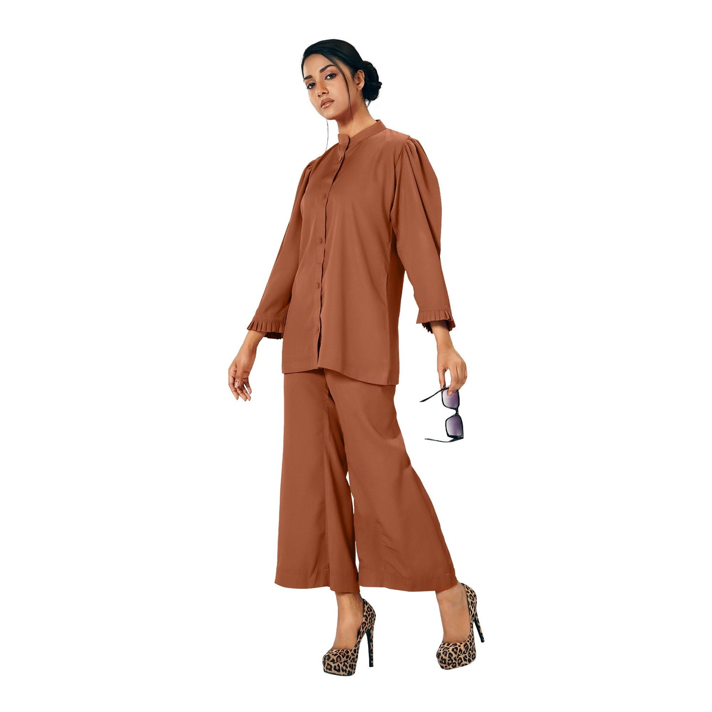 Basix Women's Rust Co-ord Set Dress Frill Cuff & Bell Bottom Trouser CORD-102