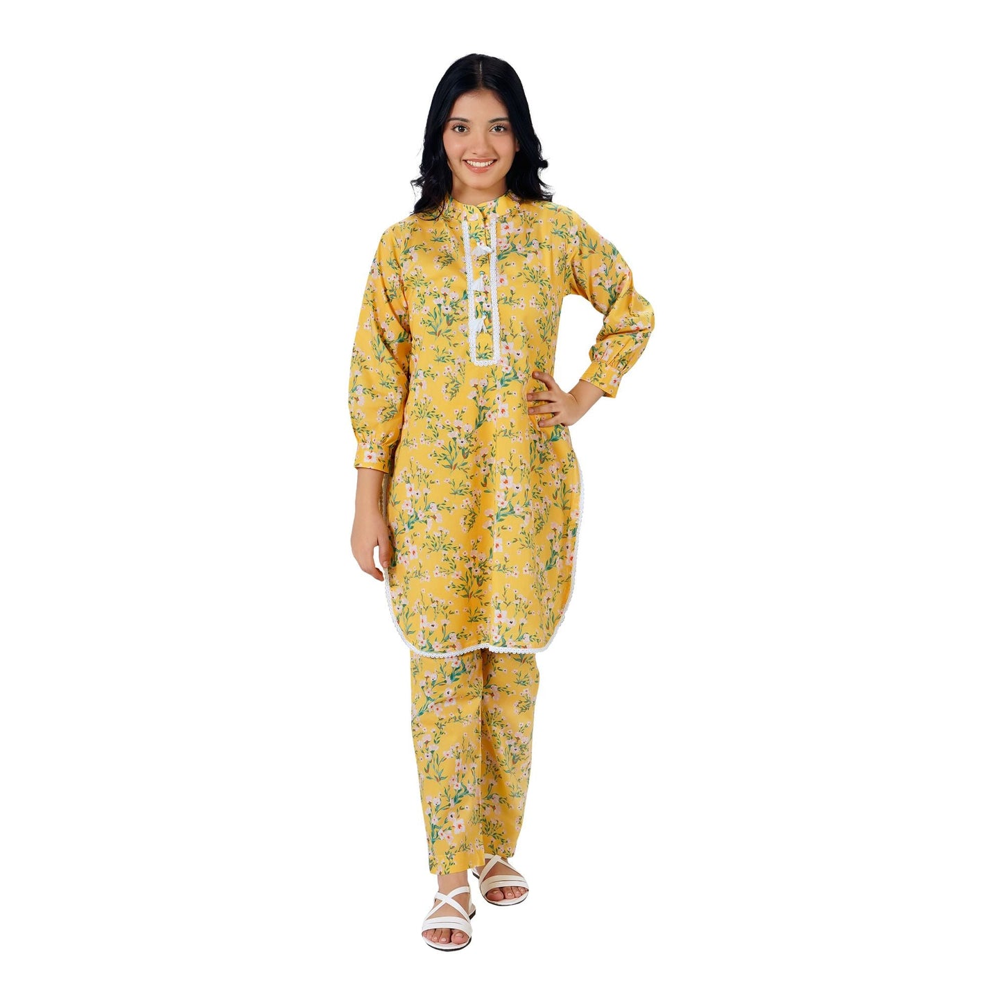 Basix Girls Junior Digital Printed Yellow With Lace & Tassel Set 2-Pack GRL-154