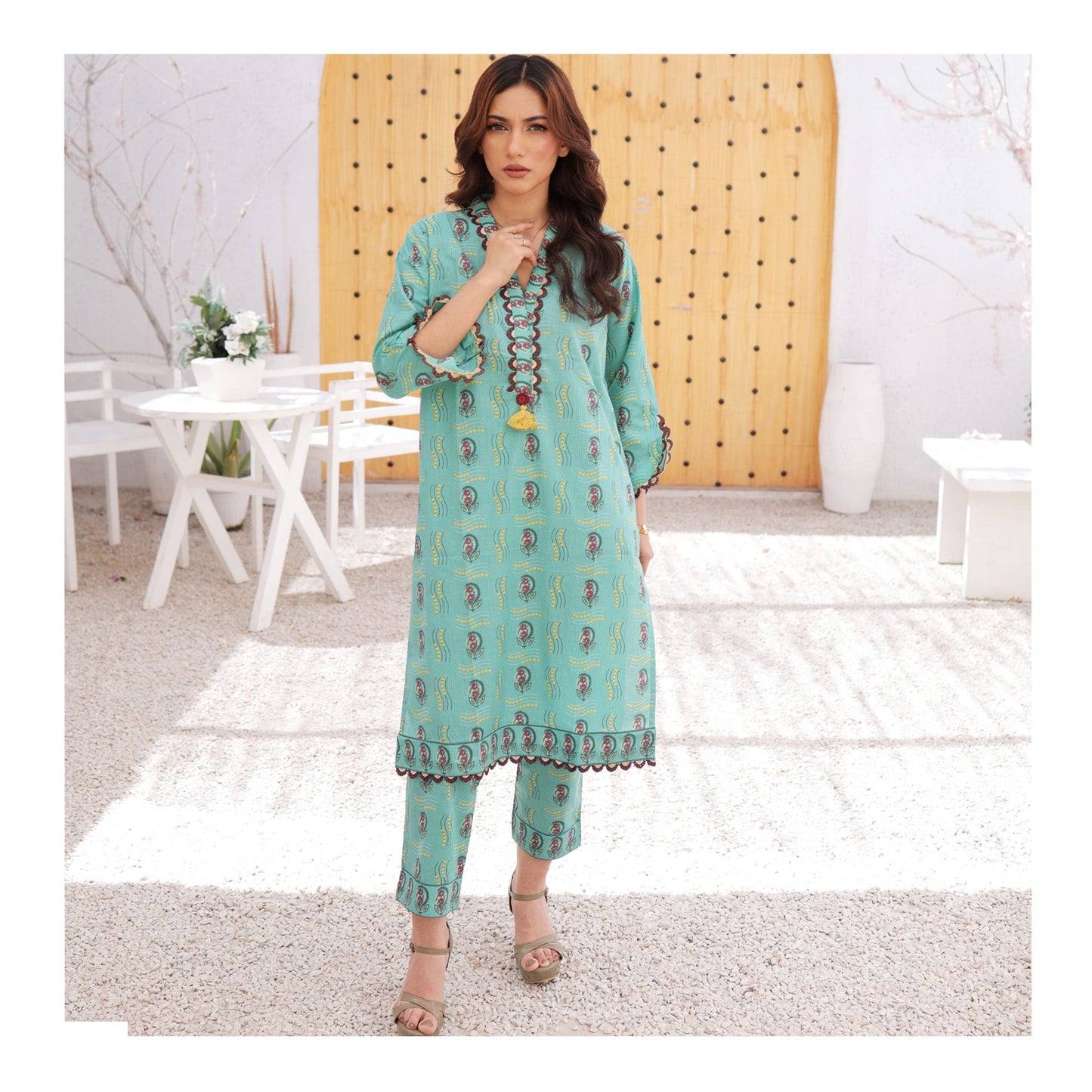 Basix Womens 100% Cambric Cotton Green with Fancy Laces & Tassle 2 Piece - Shirt & Trouser EW-101