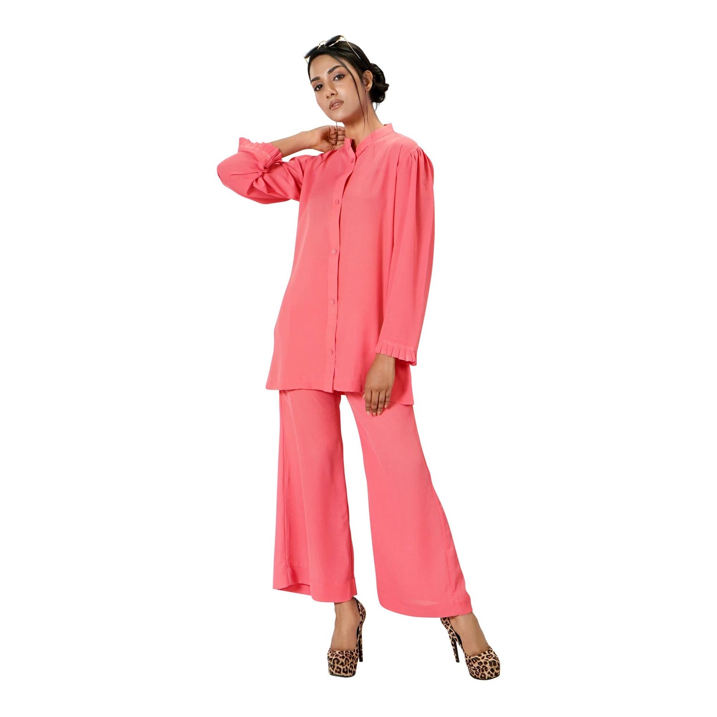 Basix Women's Peach Co-ord Set Dress Frill Cuff & Bell Bottom Trouser CORD-103