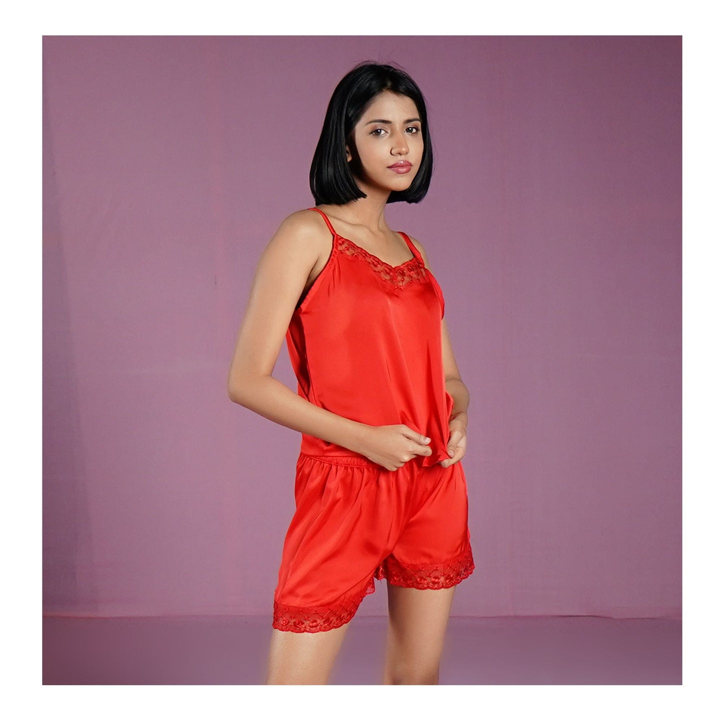 Basix Women's Nighty Camisole Shorts Set With Net Laces Love You Red CS-110