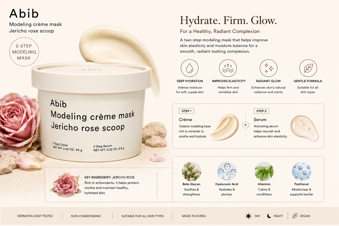 Abib Jericho Rose Modeling Scoop Cream Mask Cream +Serum, Overnight Repair & Hydration Care, Rose Extract, 65g
