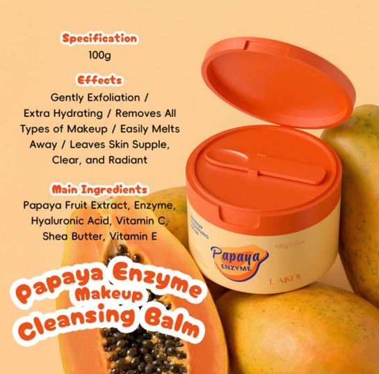 Laikou Papaya Enzyme Makeup Cleansing Balm, Shea Butter, Vitamin E, For Radiant Skin, 100g, LK32241A