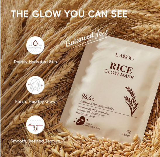 Laikou 94.4% Triple Rice Ferment Complex Rice Glow Mask, Hyaluronic Acid, Vitamin B5 & B3, For Hydrated Skin, 25g, LK31671A