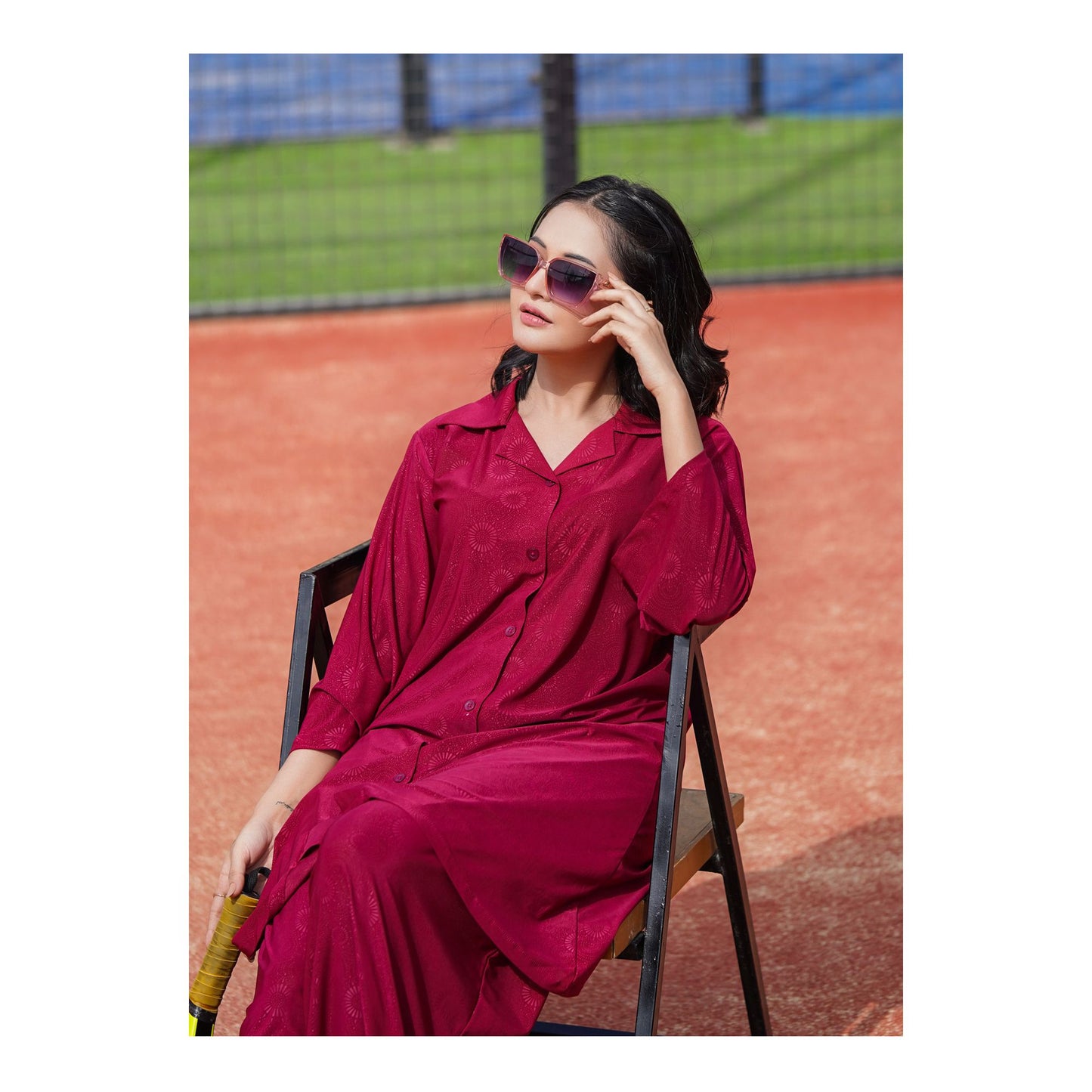 Basix Women's Stretch Fabric Self Print Co-Ord Set, Maroon, CORD-124