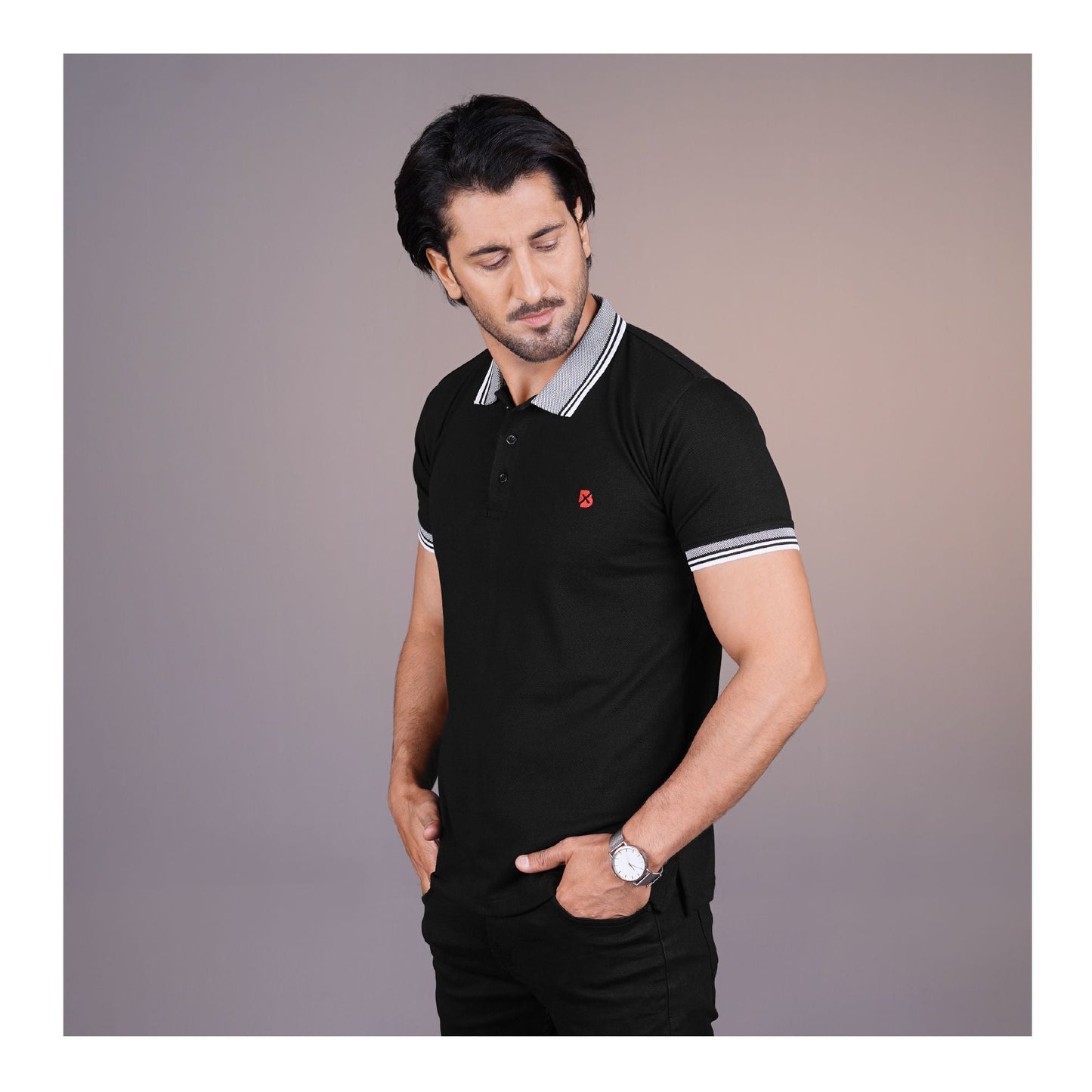 Basix Men's Black Jacquard Textured Collar Polo With Embroidered Logo MPS-101