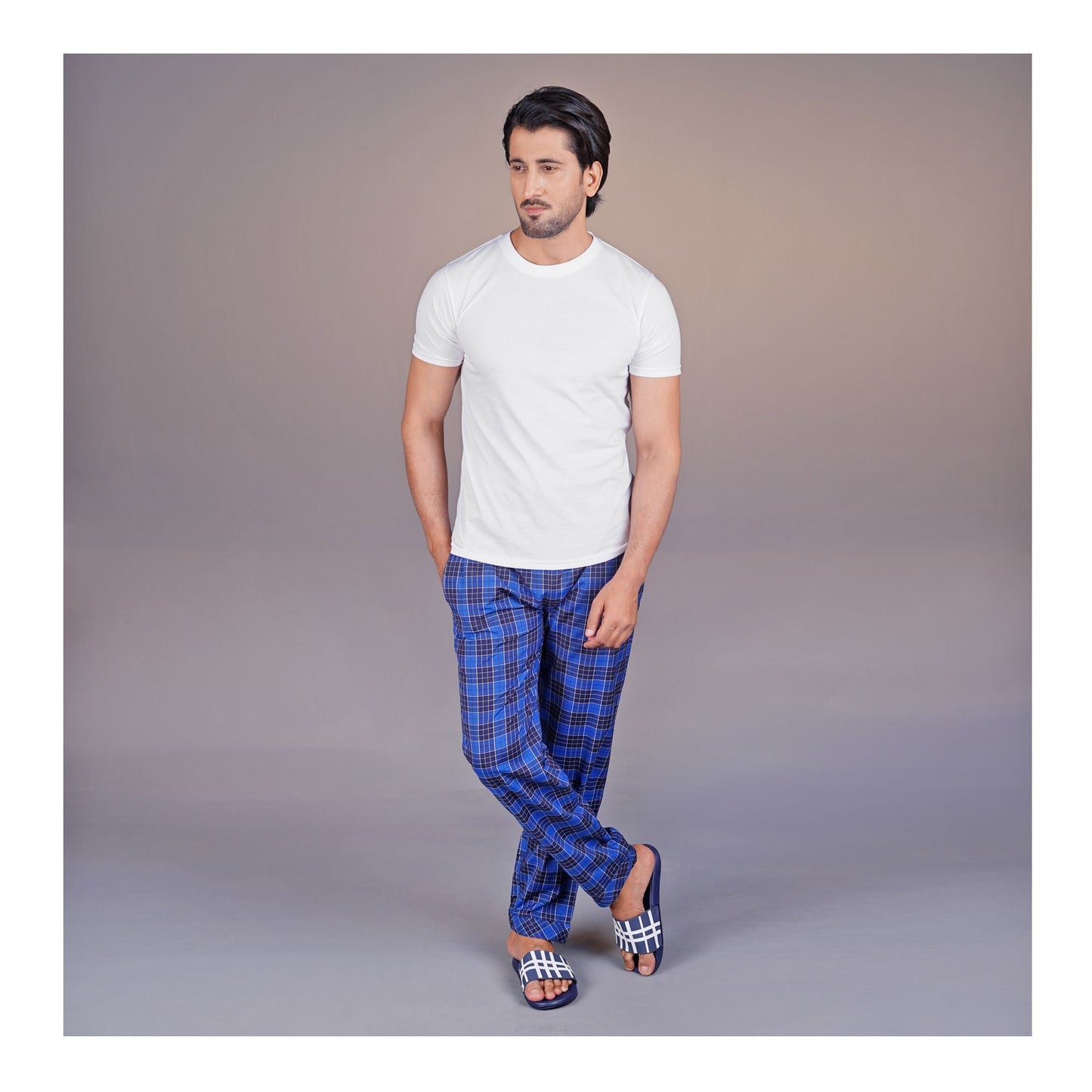 Basix Men's Navy & Royal Blue Check Trouser MT-926