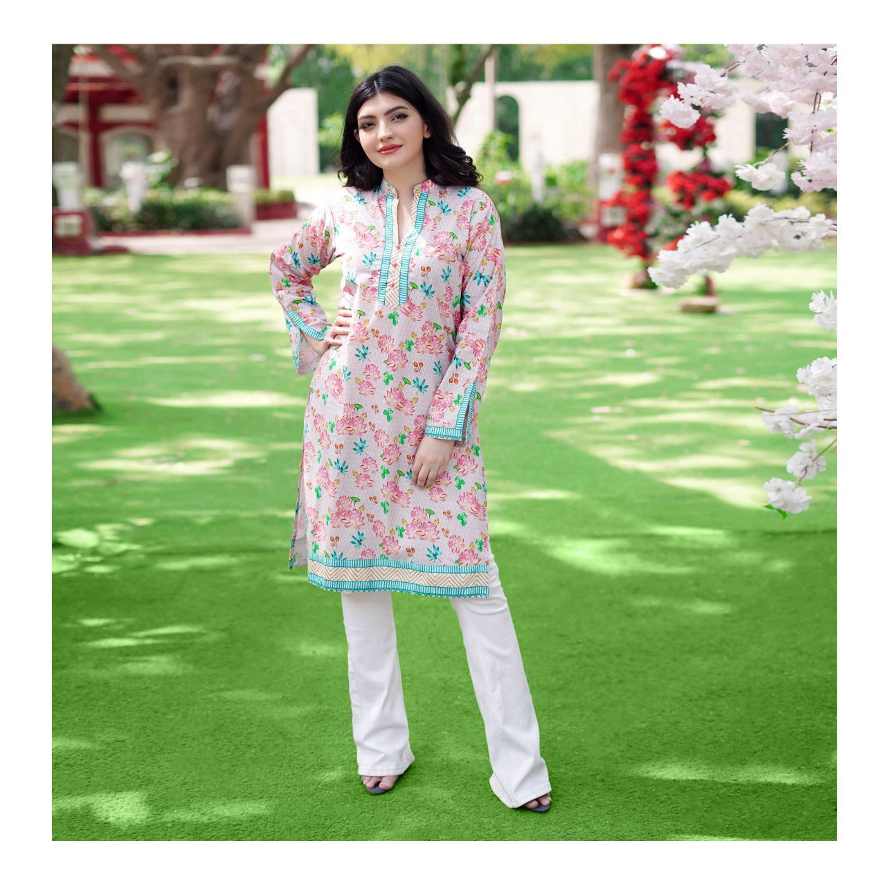 Basix Pink Floral With Green Border Cambric Fancy Shirt CAS-509
