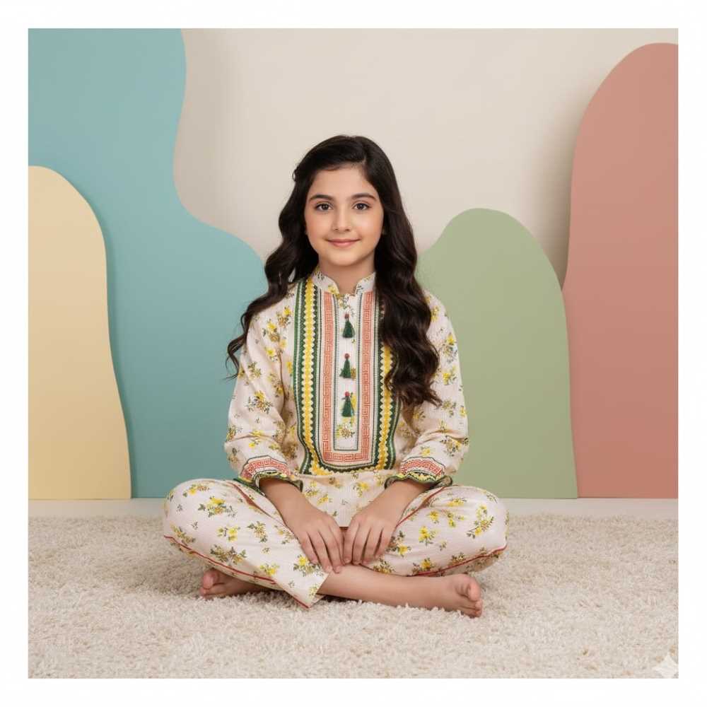 Basix Girls Lemon & Green Cotton Cambric 2 Piece - Shirt & Trouser GRL-158