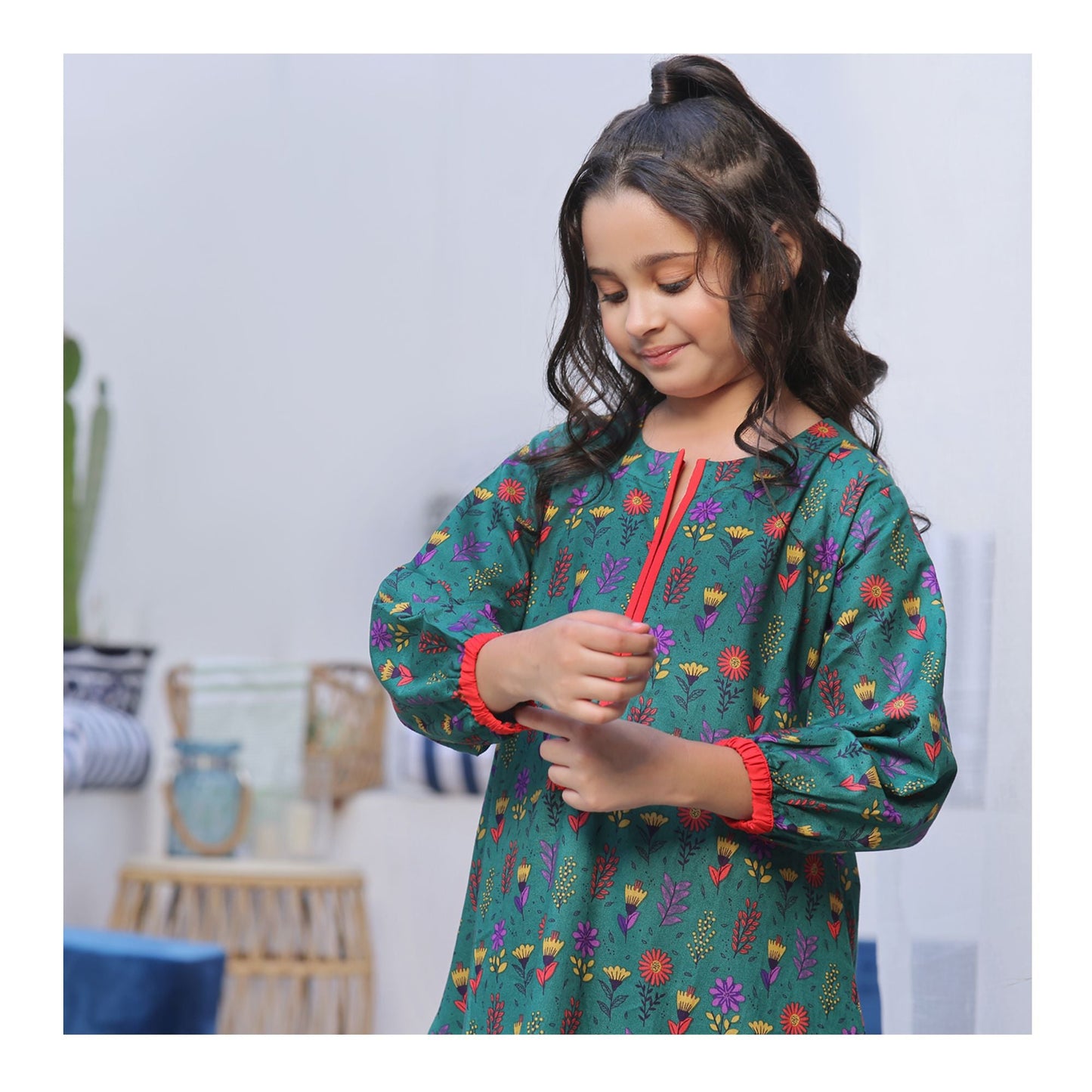 Basix Girls Dark Green Red & Purple Flora Cotton Cambric 2 Piece - Shirt & Trouser GRL-160