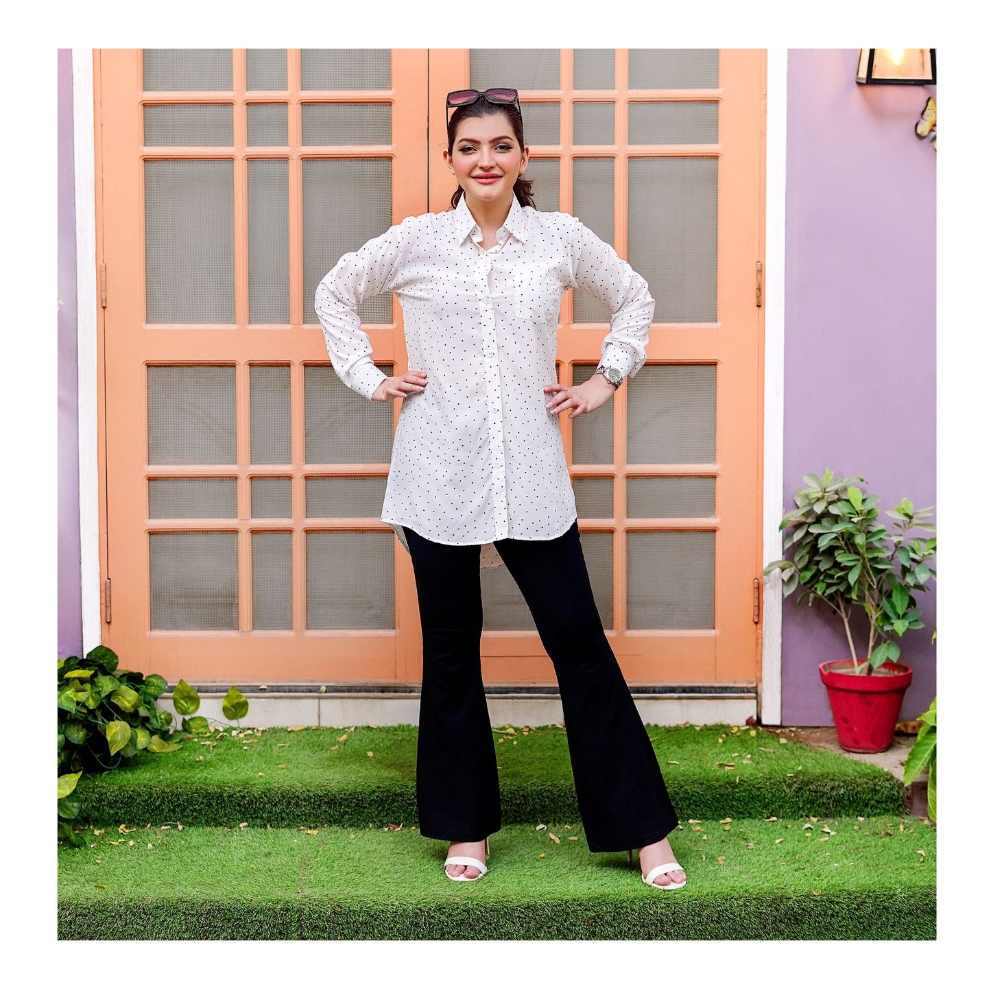 Basix Women's Polka Dots Western Shirt Brilliant White With Black Miniature LWS-28