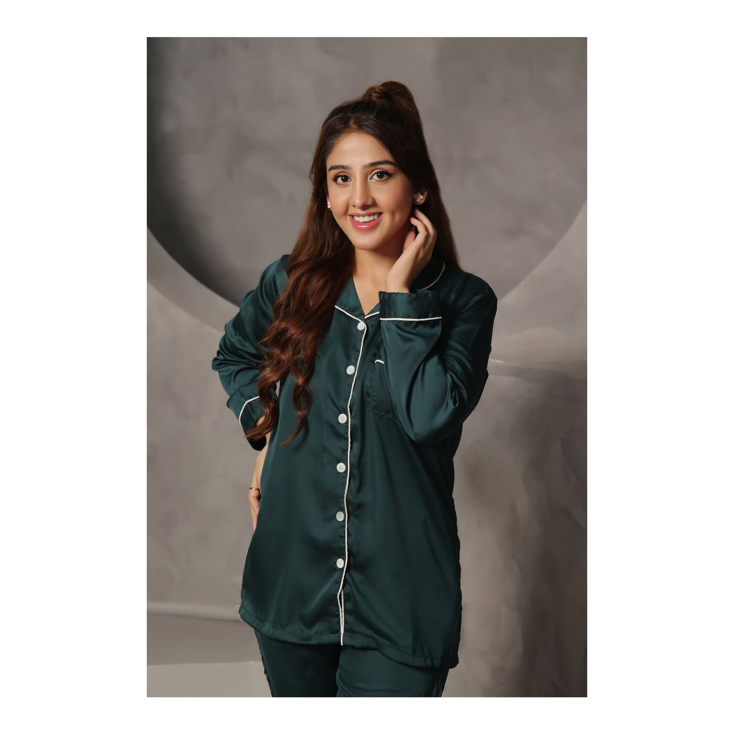Basix Women's 2-Piece Pajama Set Night Suit Silk Shirt and Trouser Dark Green SW-106