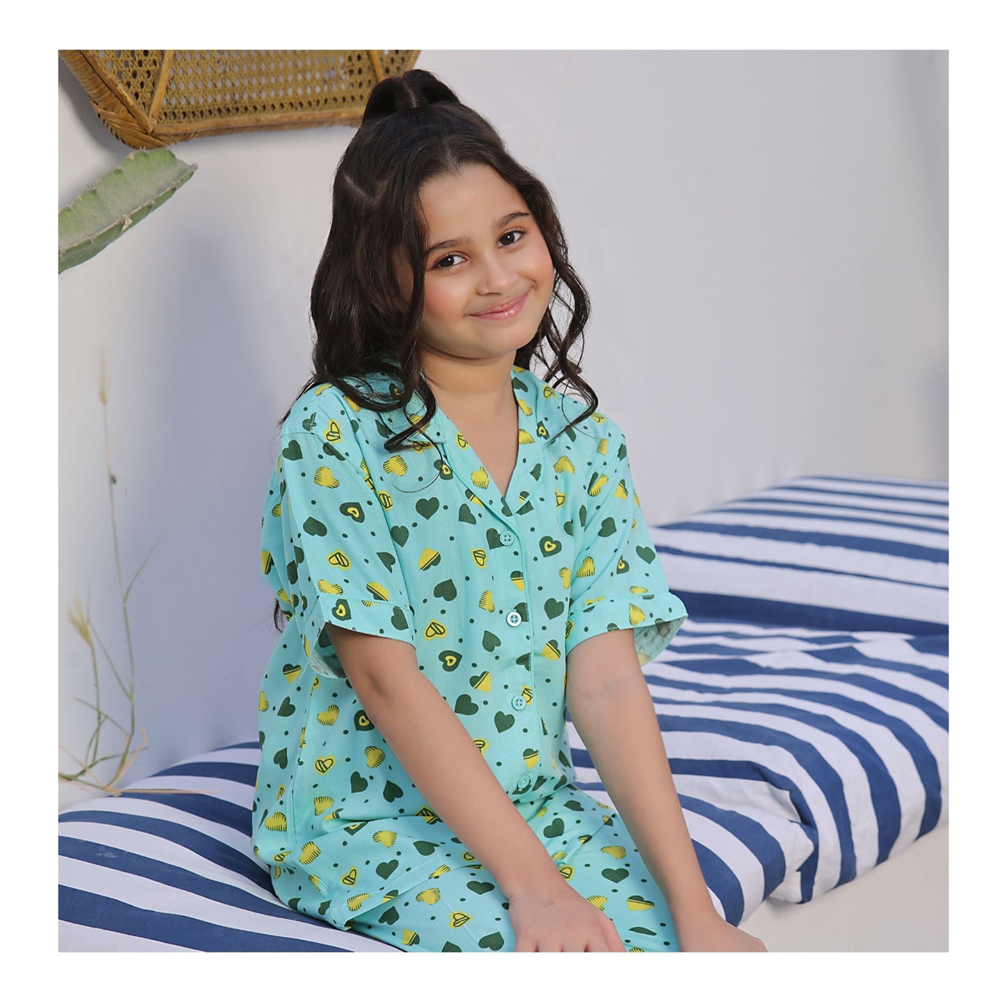 Basix Girls Sweat Heart Short Sleeves Night Suit Sea Green GRL-173