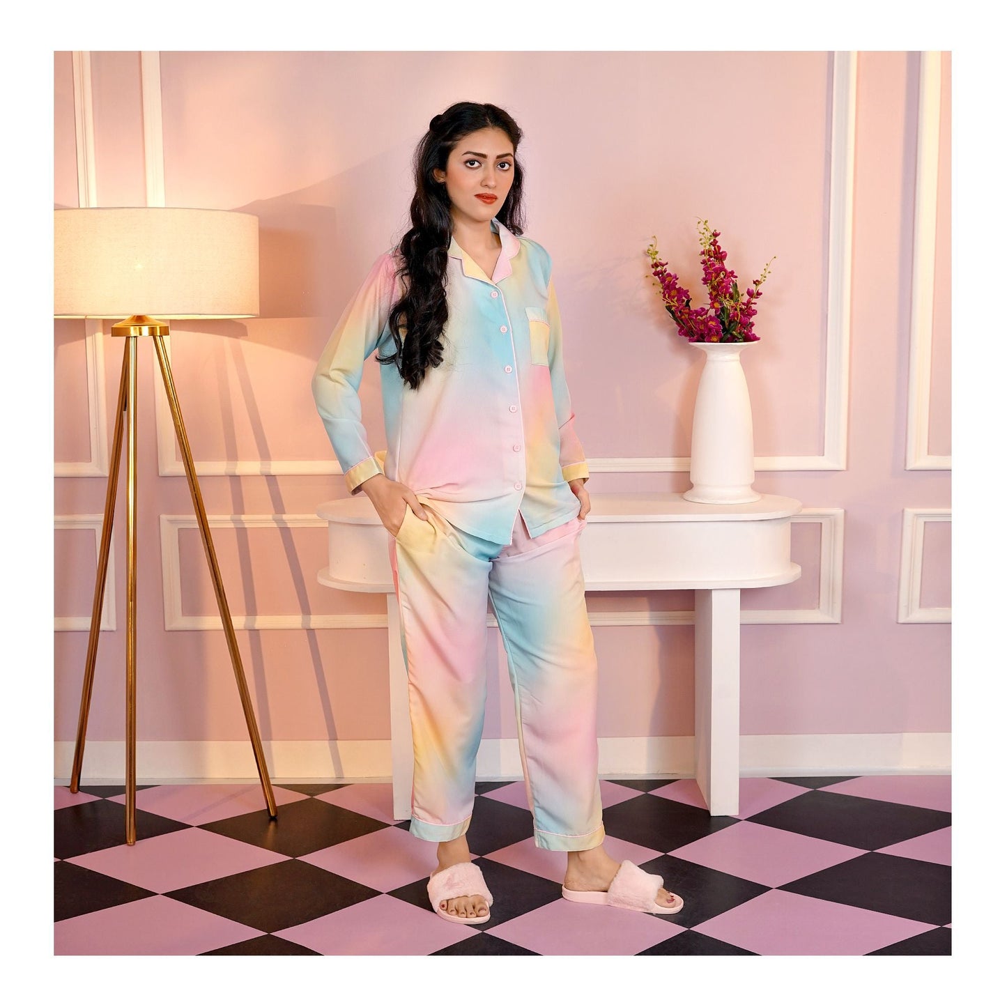 Basix Women's Digital Crepe Loungewear Set Pink Turquoise & Lemon LW-652