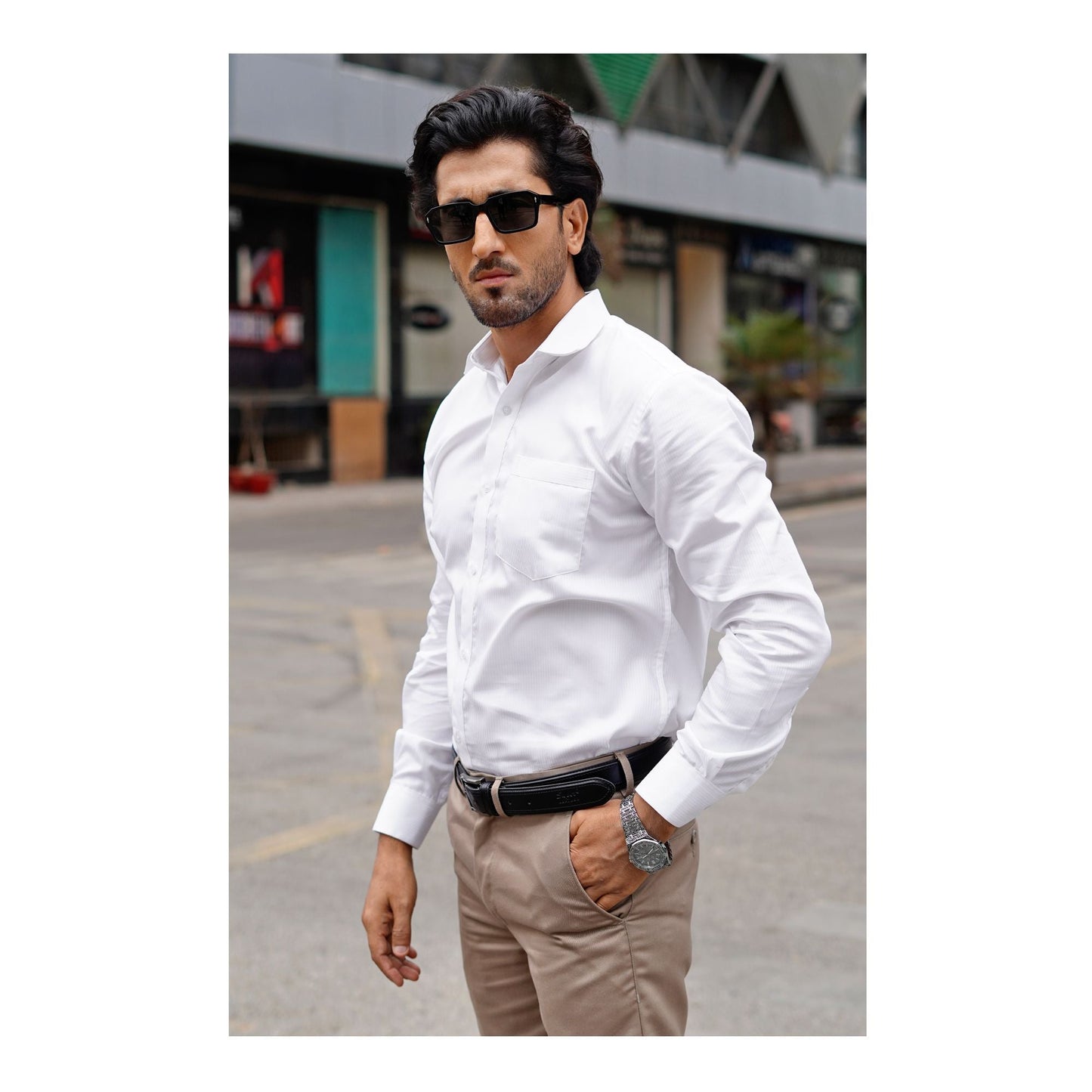 Basix Men's Cotton Wrinkle-Resistant Self Stripe Shirt White MFS-113