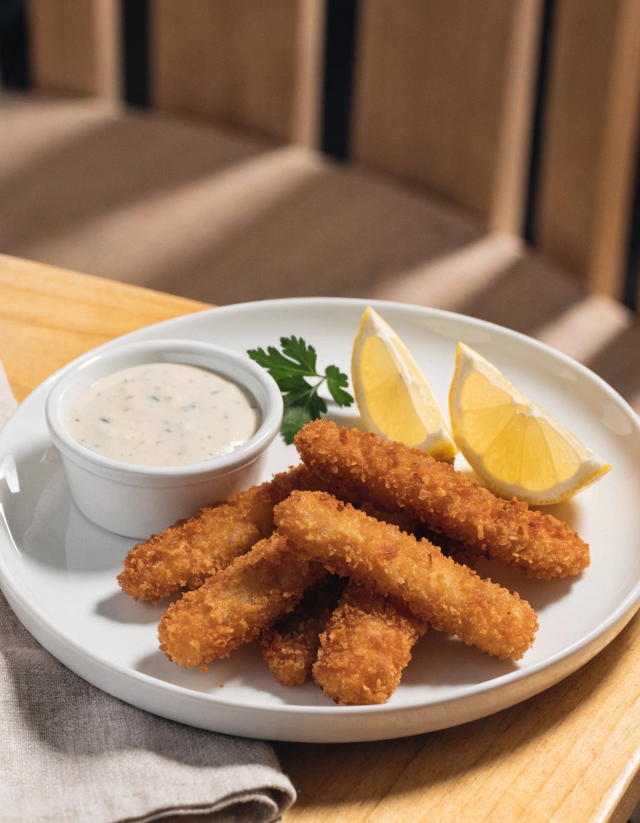 Fresh Street Hamour Fish Finger fried and served with lemon and dipping sauce.