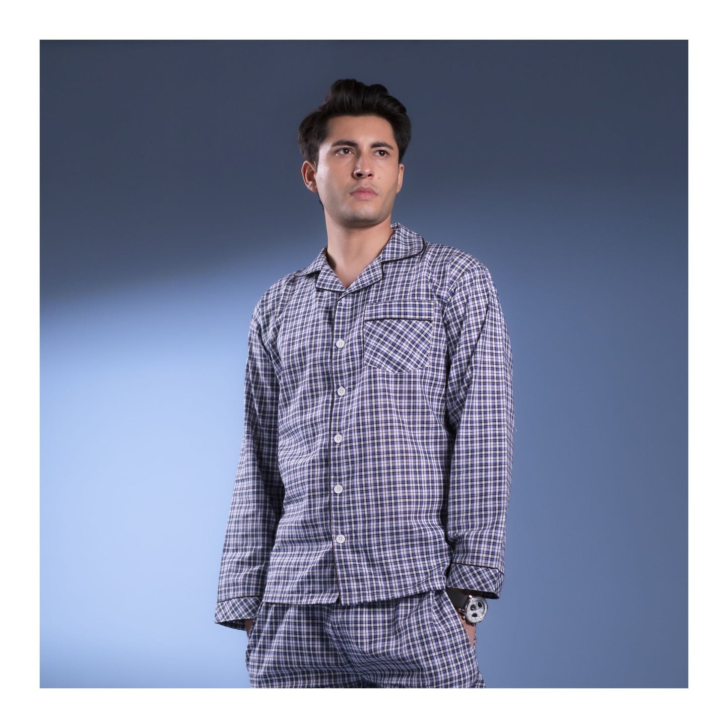 Basix Men's Check Print Cotton Loungewear Dress 2-Piece Set Black & Blue LW-810