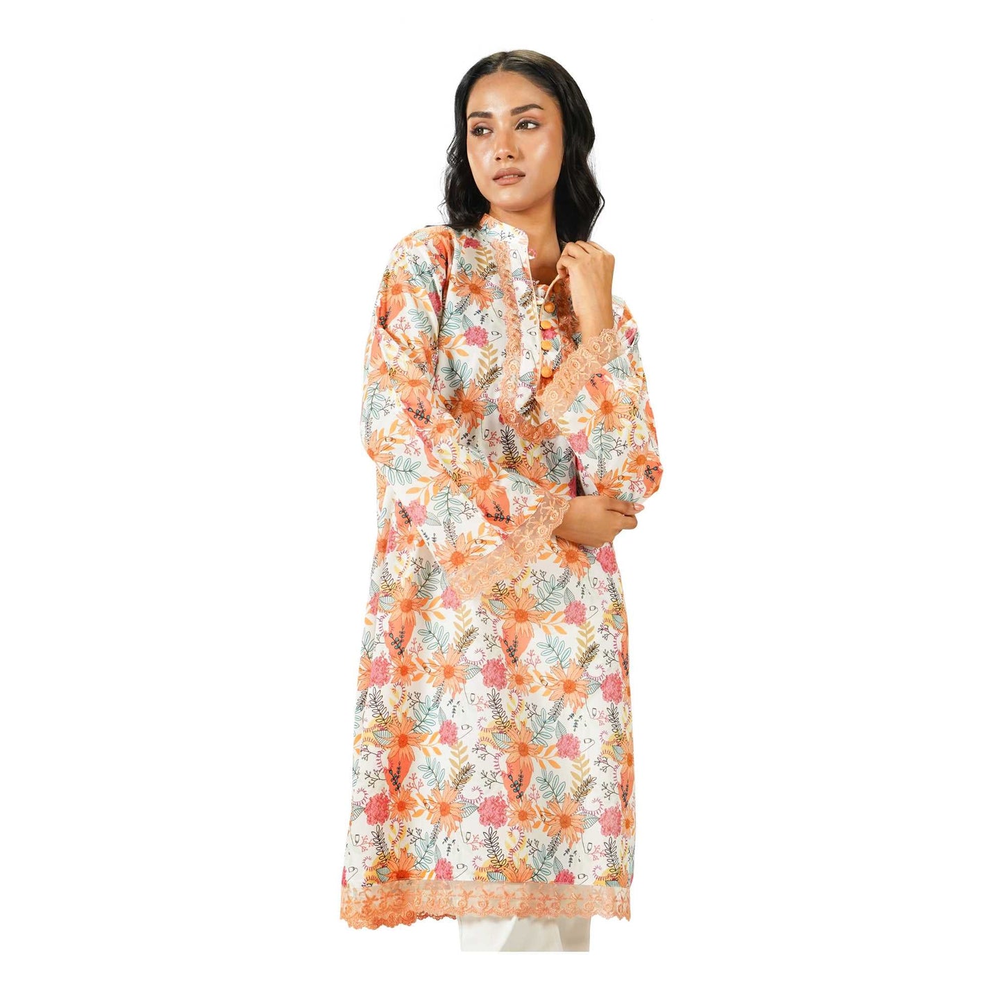 Basix Digital Printed Lawn Golden Brown N White Shirt With Lace LS-506