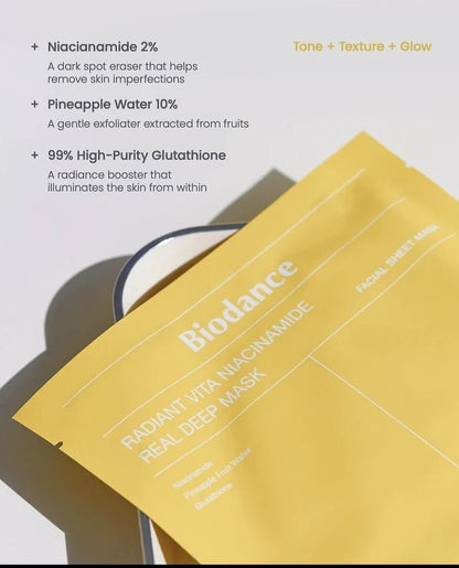 Biodance Radiant Vita Niacinamide Facial Sheet Mask, Hyaluronic Acid, Niacinamide, For Sensitive Skin, 34g