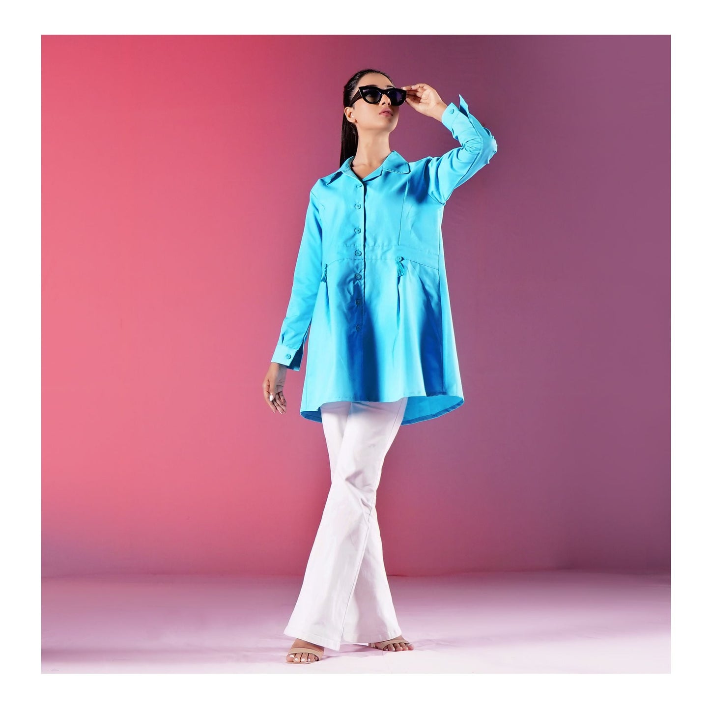 Basix Women's Cotton Button Shirt Satin Turquoise  WS-555