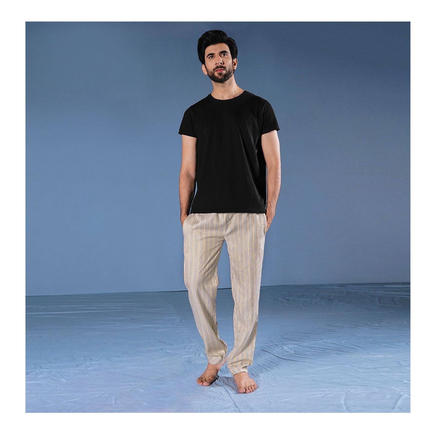 Basix Men's Trouser  Khaki & White Stripes  MT-906