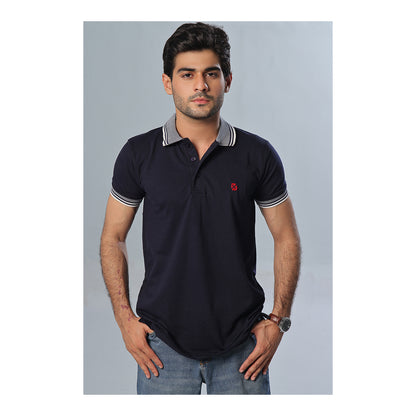 Basix Men's Navy Blue Textured Jacquard Collar Polo With Embroidered Logo, MPS -102