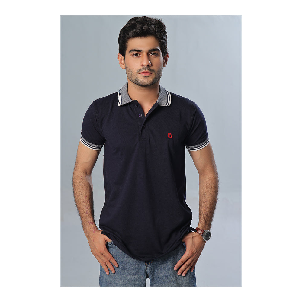 Basix Men's Navy Blue Textured Jacquard Collar Polo With Embroidered Logo  MPS -102