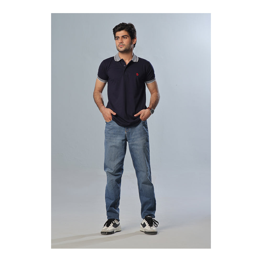 Basix Men's Navy Blue Textured Jacquard Collar Polo With Embroidered Logo, MPS -102