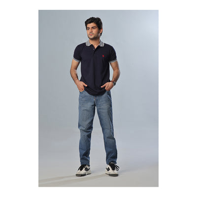 Basix Men's Navy Blue Textured Jacquard Collar Polo With Embroidered Logo, MPS -102