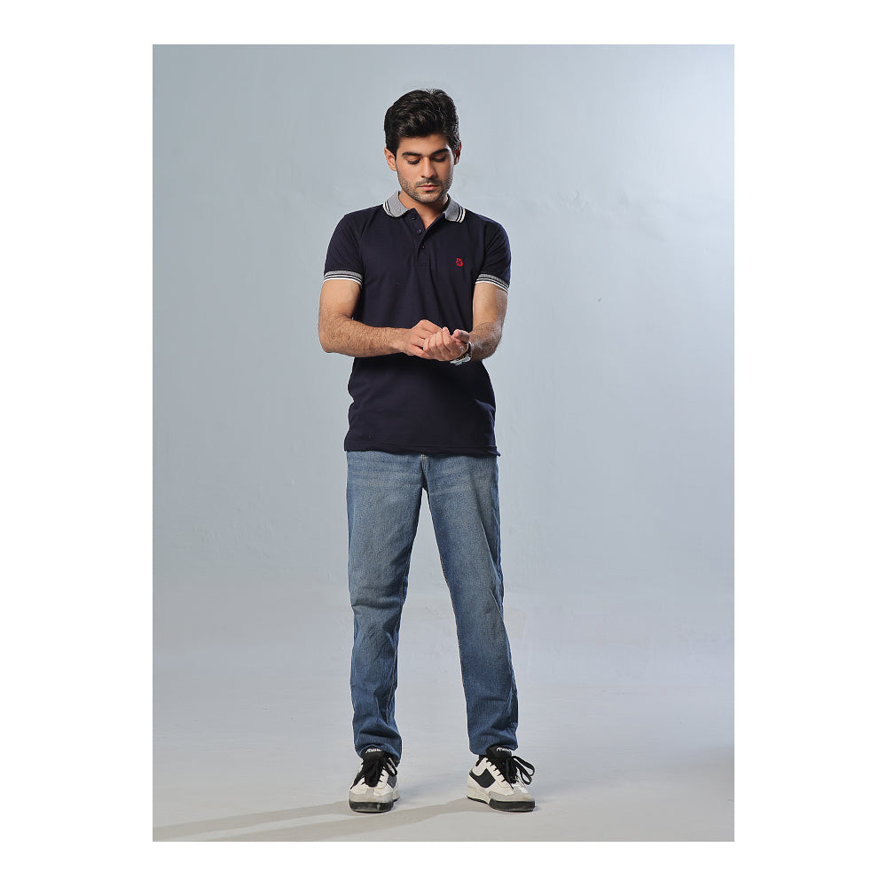 Basix Men's Navy Blue Textured Jacquard Collar Polo With Embroidered Logo, MPS -102