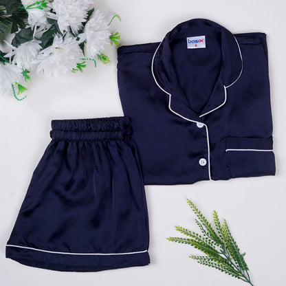 Basix Women's 2-Piece Shorts Pajama Set Night Suit, Silk Shirt and Shorts, Navy Blue, SW-101