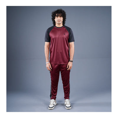 Basix Men's Embroidered Dry Fit Raglan Sleeves Tracksuit, Black & Maroon, TS-202
