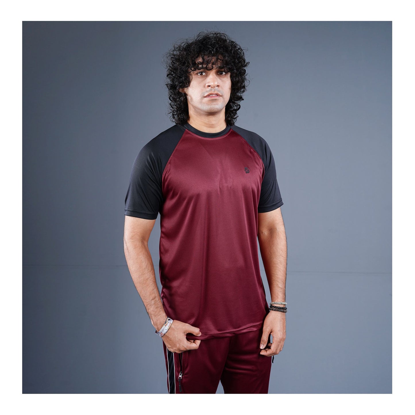 Basix Men's Embroidered Dry Fit Raglan Sleeves Tracksuit, Black & Maroon, TS-202
