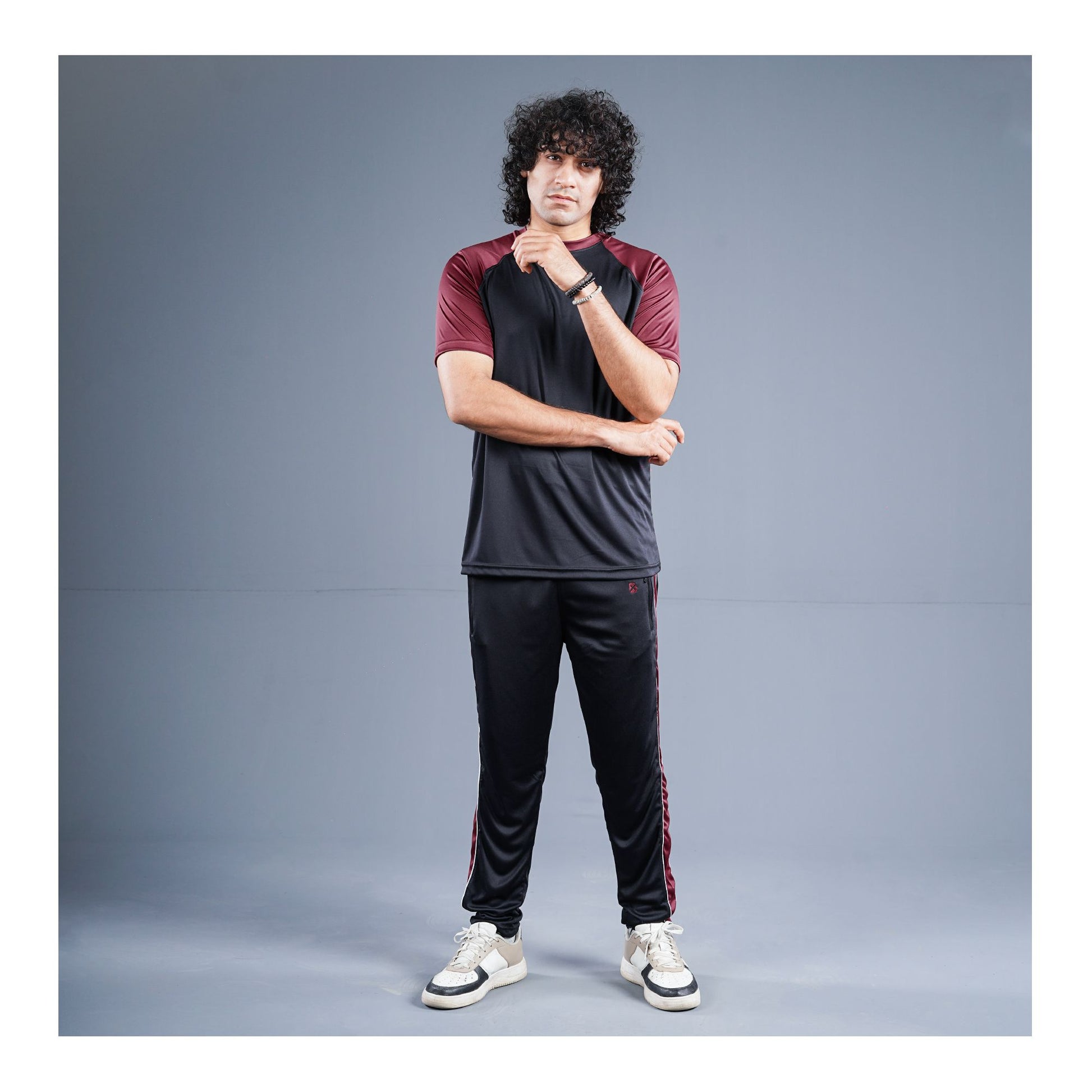 Basix Men's Embroidered Dry Fit Raglan Sleeves Tracksuit, Black & Maroon, TS-203