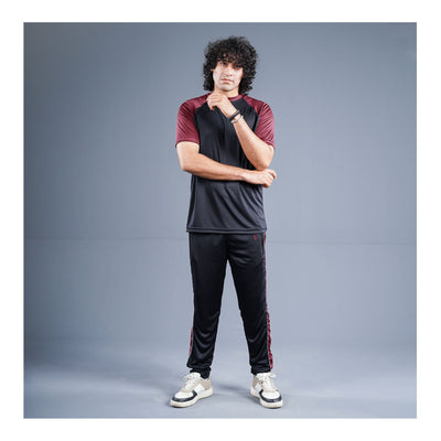 Basix Men's Embroidered Dry Fit Raglan Sleeves Tracksuit, Black & Maroon, TS-203