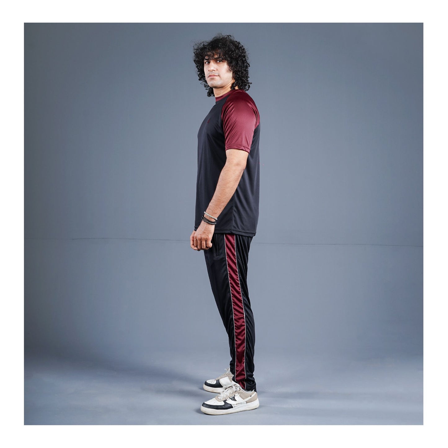 Basix Men's Embroidered Dry Fit Raglan Sleeves Tracksuit, Black & Maroon, TS-203