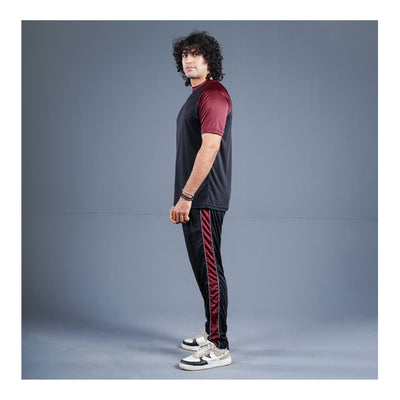Basix Men's Embroidered Dry Fit Raglan Sleeves Tracksuit, Black & Maroon, TS-203