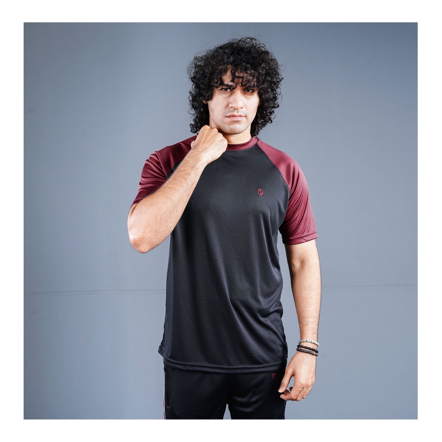 Basix Men's Embroidered Dry Fit Raglan Sleeves Tracksuit, Black & Maroon, TS-203