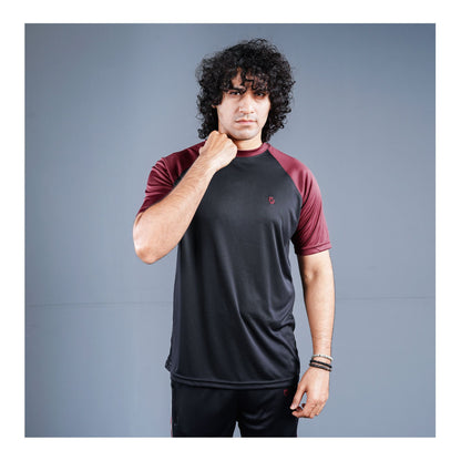 Basix Men's Embroidered Dry Fit Raglan Sleeves Tracksuit, Black & Maroon, TS-203