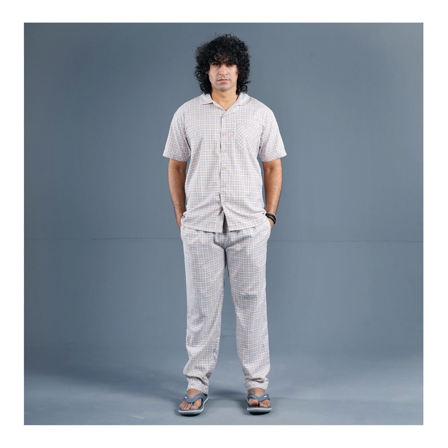 Basix Men's Checked Loungewear Set  Cream & Fawn  MT-825