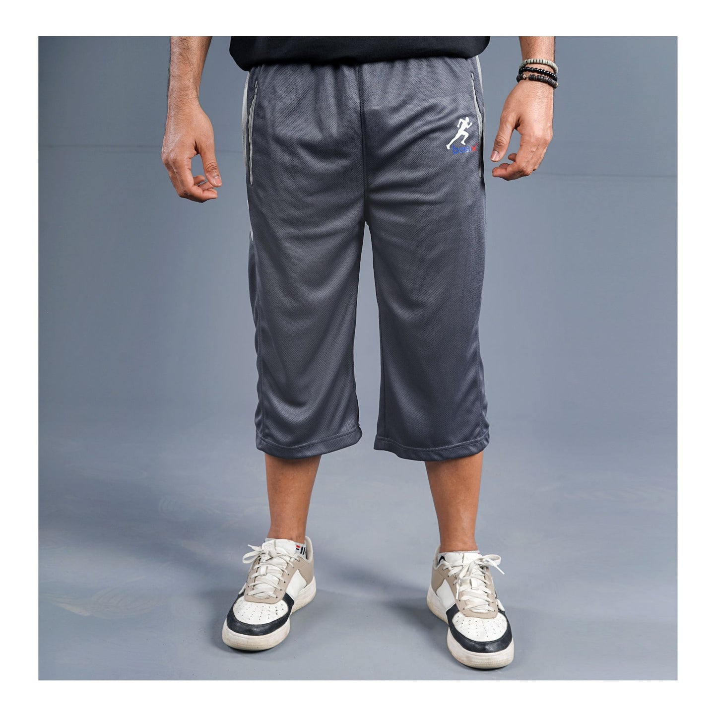Basix Men's Moisture Wicking 3 Quarter Mesh Gym Shorts with Zipper Pockets, Graphite Grey, M3Q-1007