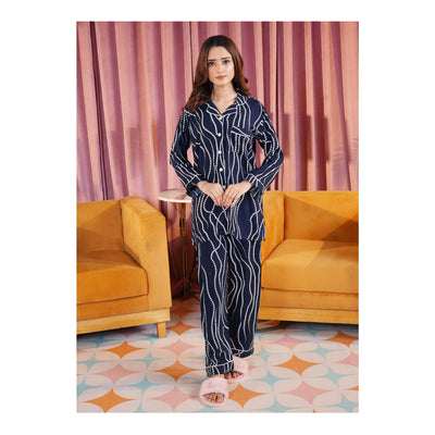 Basix Women's Navy Blue With White Ripples Loungewear, 2-Piece Set, LW-661