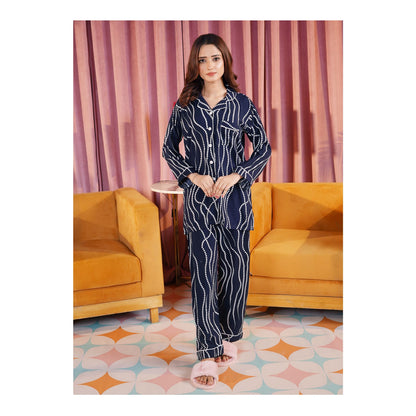 Basix Women's Navy Blue With White Ripples Loungewear, 2-Piece Set, LW-661