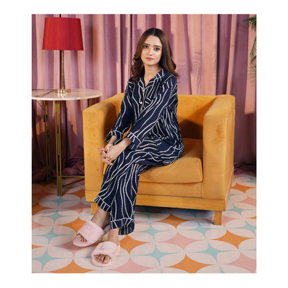 Basix Women's Navy Blue With White Ripples Loungewear, 2-Piece Set, LW-661