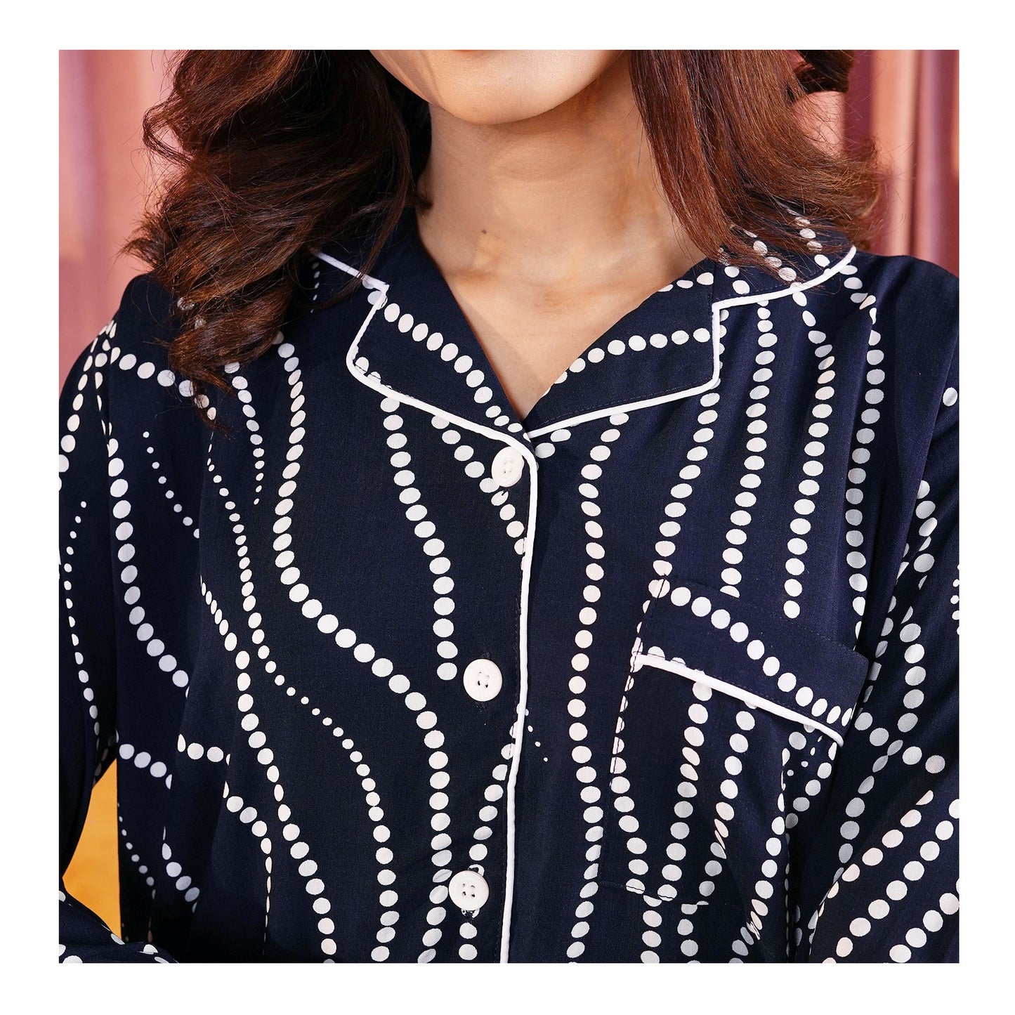 Basix Women's Navy Blue With White Ripples Loungewear, 2-Piece Set, LW-661